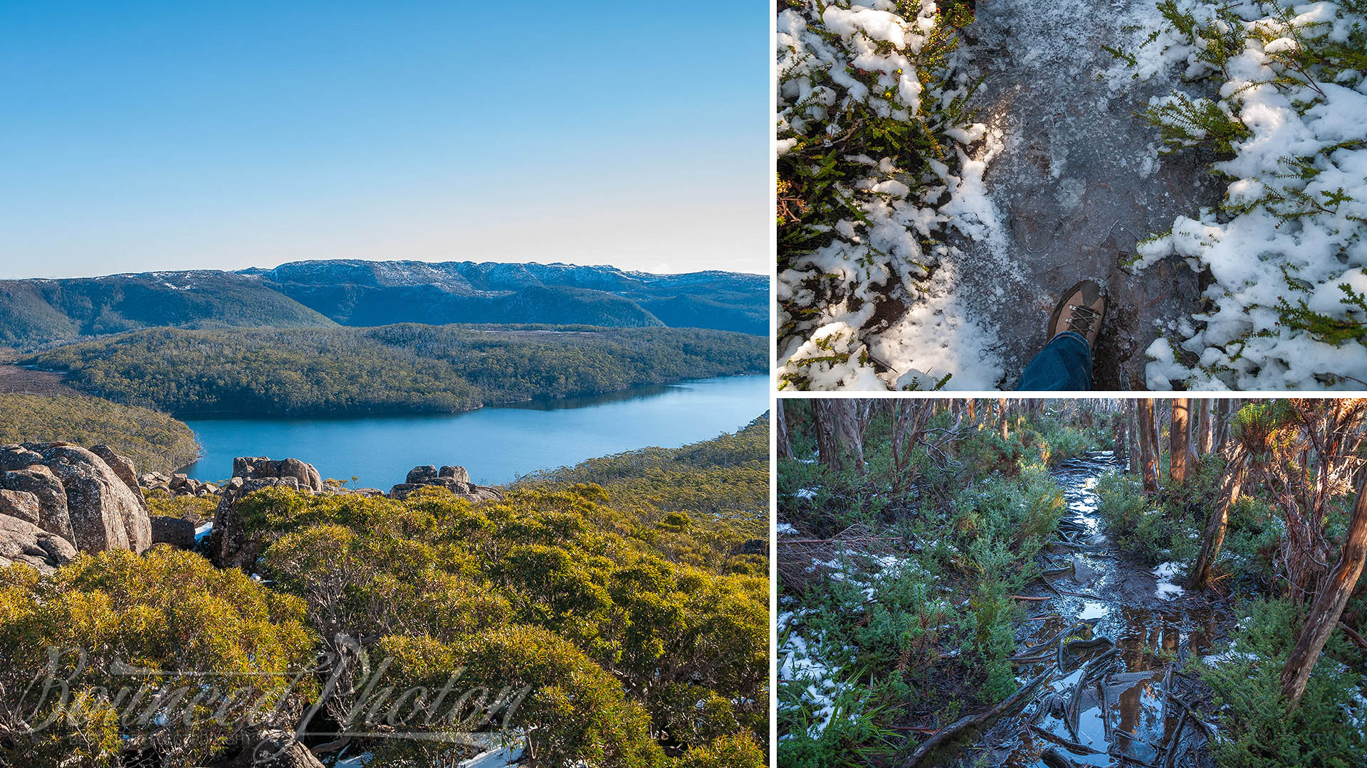 Counterclockwise from the left: view off Seagers Lookout, muddy track up the hill, frozen track upper in the mountains